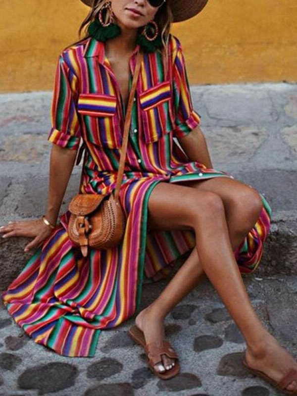 The Best Women's Boho Beach Summer Holiday Maxi Dress Elegant Ladies Holiday Party Colours Rainbow Striped Sundress Streetwear Plus Size Online - Takalr