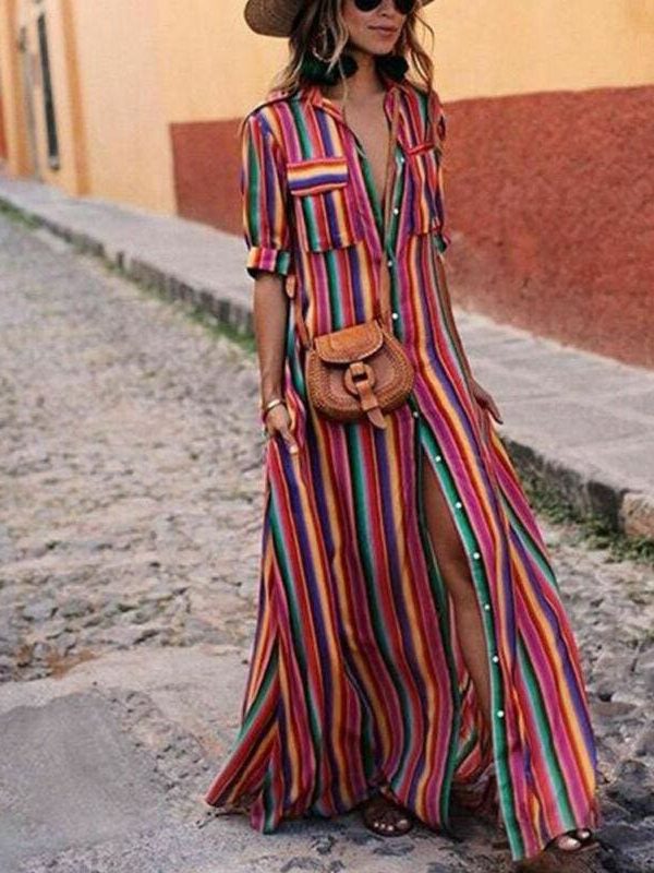 The Best Women's Boho Beach Summer Holiday Maxi Dress Elegant Ladies Holiday Party Colours Rainbow Striped Sundress Streetwear Plus Size Online - Takalr