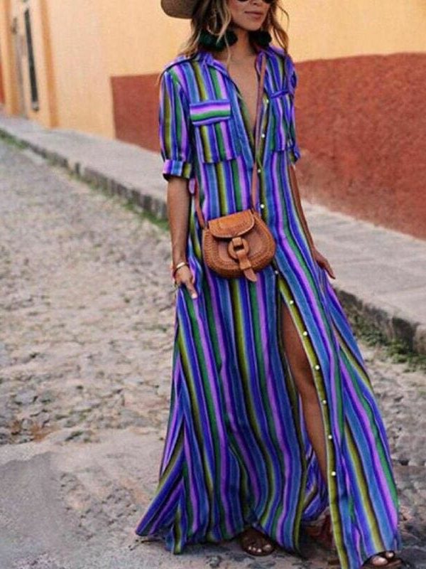 The Best Women's Boho Beach Summer Holiday Maxi Dress Elegant Ladies Holiday Party Colours Rainbow Striped Sundress Streetwear Plus Size Online - Takalr