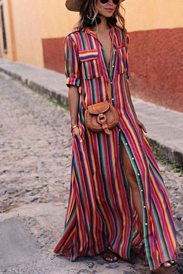 The Best Women's Boho Beach Summer Holiday Maxi Dress Elegant Ladies Holiday Party Colours Rainbow Striped Sundress Streetwear Plus Size Online - Takalr