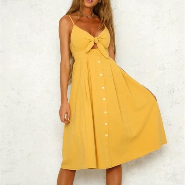 The Best Women's Boho Beach Summer Robe Femme Single Breasted Elegant Dress Holiday Vacation Sundress Ladies Casual Yellow Dresses Online - Takalr