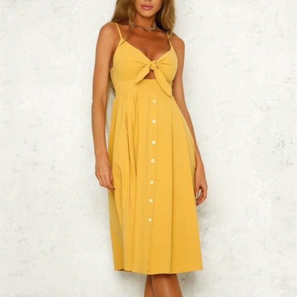 The Best Women's Boho Beach Summer Robe Femme Single Breasted Elegant Dress Holiday Vacation Sundress Ladies Casual Yellow Dresses Online - Takalr