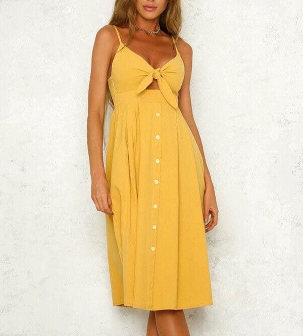 The Best Women's Boho Beach Summer Robe Femme Single Breasted Elegant Dress Holiday Vacation Sundress Ladies Casual Yellow Dresses Online - Takalr