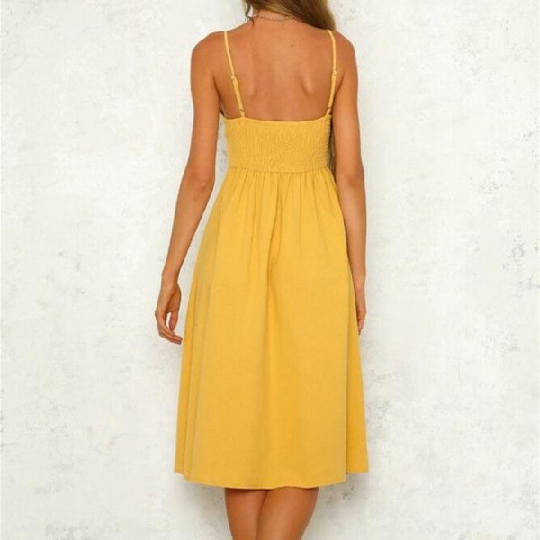 The Best Women's Boho Beach Summer Robe Femme Single Breasted Elegant Dress Holiday Vacation Sundress Ladies Casual Yellow Dresses Online - Takalr