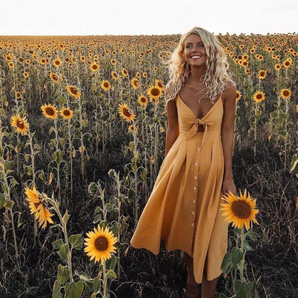 The Best Women's Boho Beach Summer Robe Femme Single Breasted Elegant Dress Holiday Vacation Sundress Ladies Casual Yellow Dresses Online - Takalr