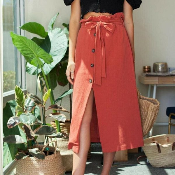 The Best Women's Boho Elastic High Waist Front Slit Skirt Maxi Button Bandage Casual Solid Color Skirt Fashion Summer Clothes Online - Takalr