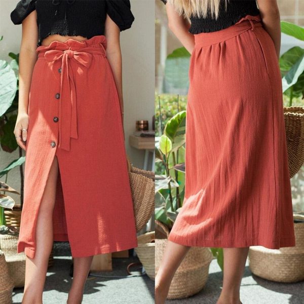 The Best Women's Boho Elastic High Waist Front Slit Skirt Maxi Button Bandage Casual Solid Color Skirt Fashion Summer Clothes Online - Takalr