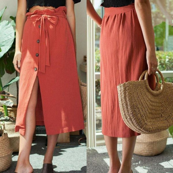 The Best Women's Boho Elastic High Waist Front Slit Skirt Maxi Button Bandage Casual Solid Color Skirt Fashion Summer Clothes Online - Takalr