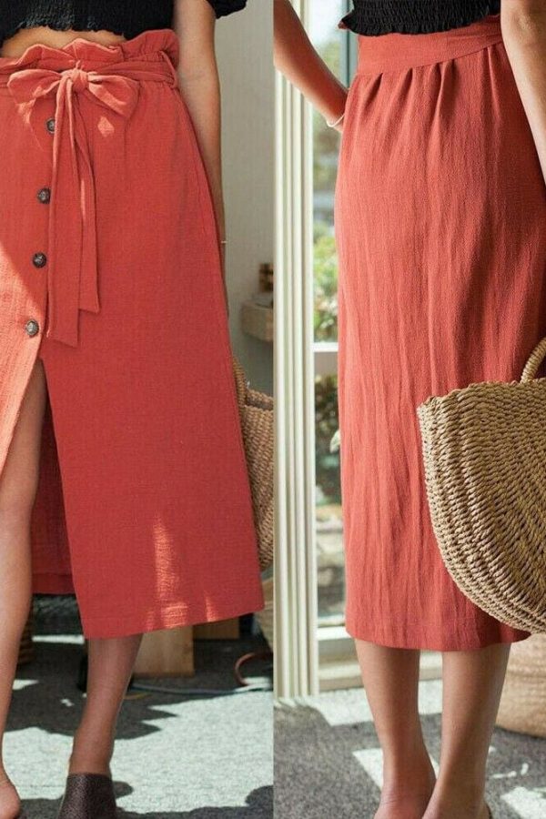 The Best Women's Boho Elastic High Waist Front Slit Skirt Maxi Button Bandage Casual Solid Color Skirt Fashion Summer Clothes Online - Takalr