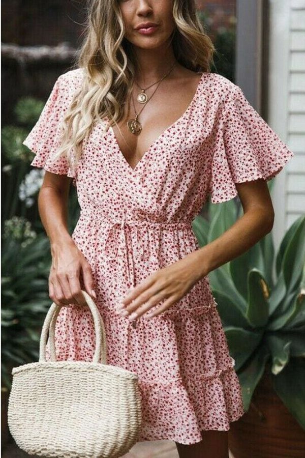 The Best Women's Boho Floral Short Sleeve Dress Ladies Summer Party Beach V-Neck Casual Short Mini Dress Sundress Online - Takalr