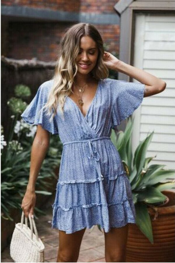 The Best Women's Boho Floral Short Sleeve Dress Ladies Summer Party Beach V-Neck Casual Short Mini Dress Sundress Online - Takalr