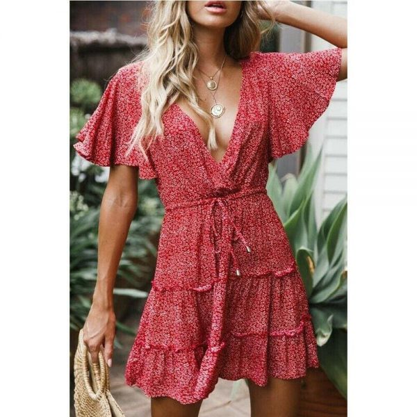 The Best Women's Boho Floral Short Sleeve Dress Ladies Summer Party Beach V-Neck Casual Short Mini Dress Sundress Online - Takalr