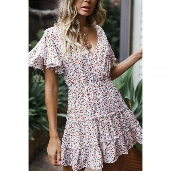 The Best Women's Boho Floral Short Sleeve Dress Ladies Summer Party Beach V-Neck Casual Short Mini Dress Sundress Online - Takalr