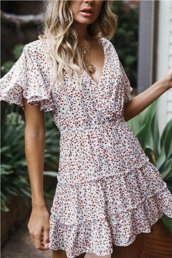 The Best Women's Boho Floral Short Sleeve Dress Ladies Summer Party Beach V-Neck Casual Short Mini Dress Sundress Online - Takalr