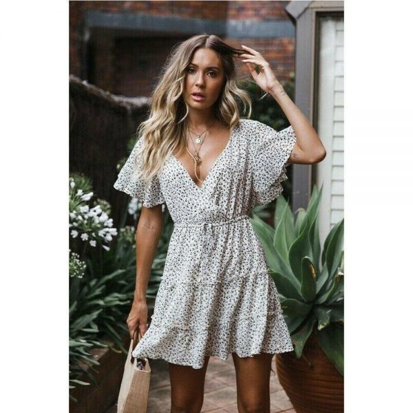 The Best Women's Boho Floral Short Sleeve Dress Ladies Summer Party Beach V-Neck Casual Short Mini Dress Sundress Online - Takalr