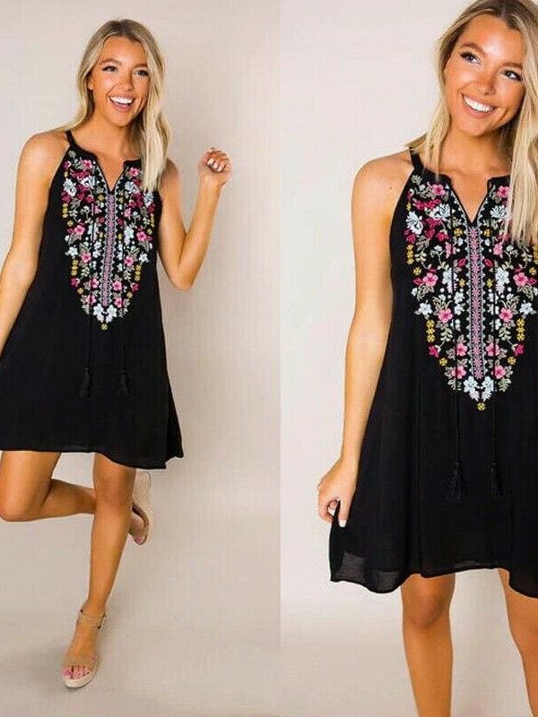 The Best Women's Boho Floral Sleeveless Dress Bohemian Summer Holiday Party Beach Casual Short Mini Dress Sundress Online - Takalr