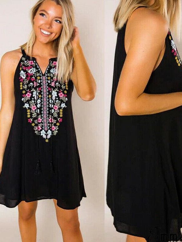 The Best Women's Boho Floral Sleeveless Dress Bohemian Summer Holiday Party Beach Casual Short Mini Dress Sundress Online - Takalr