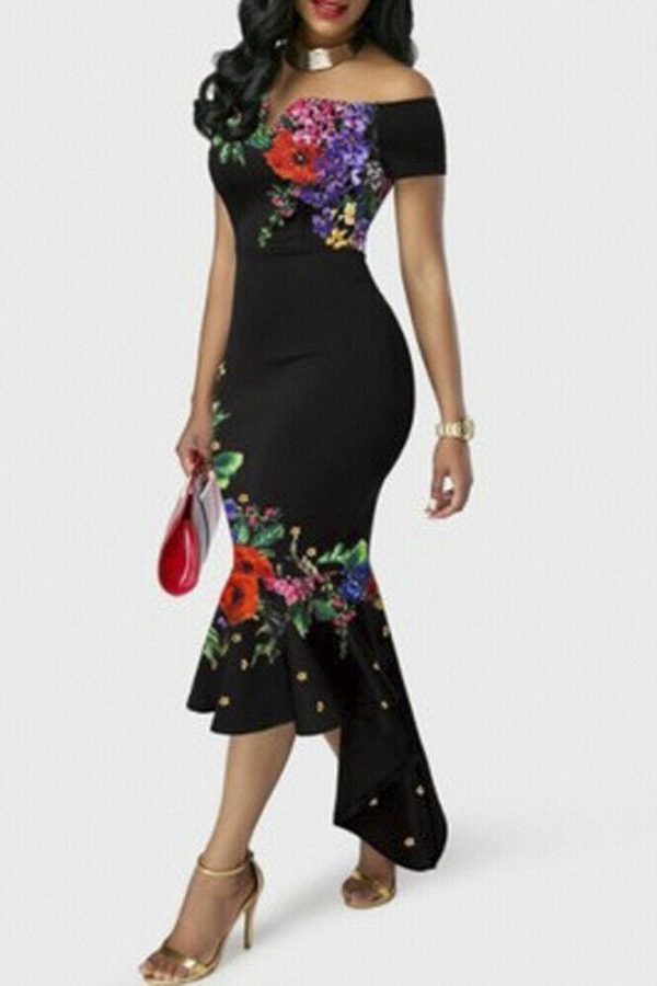 The Best Women's Boho Long Maxi Dress Beach Summer Party Elegant Ladies Off Shoulder Floral Bodycon Fishtail Dresses Online - Takalr