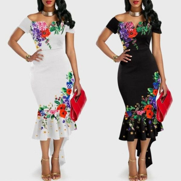 The Best Women's Boho Long Maxi Dress Beach Summer Party Elegant Ladies Off Shoulder Floral Bodycon Fishtail Dresses Online - Takalr