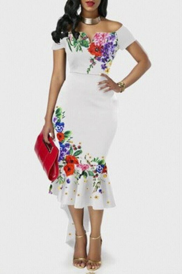 The Best Women's Boho Long Maxi Dress Beach Summer Party Elegant Ladies Off Shoulder Floral Bodycon Fishtail Dresses Online - Takalr