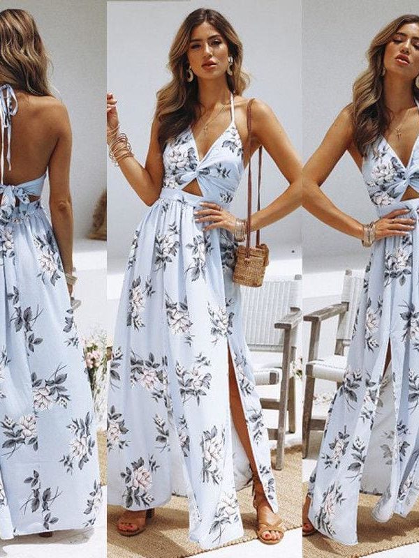 The Best Womens Boho Maxi Long Dress Sundress Floral Halter Dress Online - Source Silk