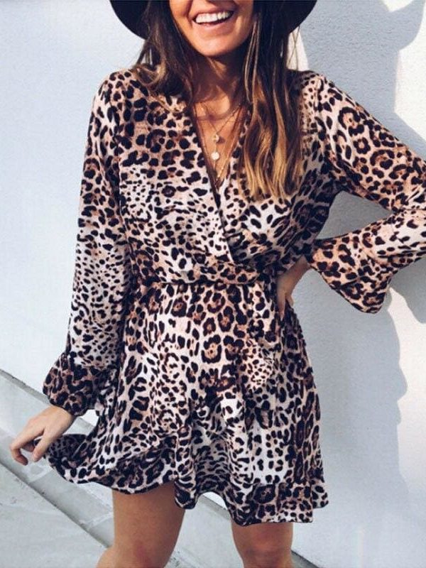 The Best Women's Boho Mini Dress Long Sleeve V Neck Fashion Snake Leopard Printed Ruffled Frill Party Beach Sundress Online - Takalr