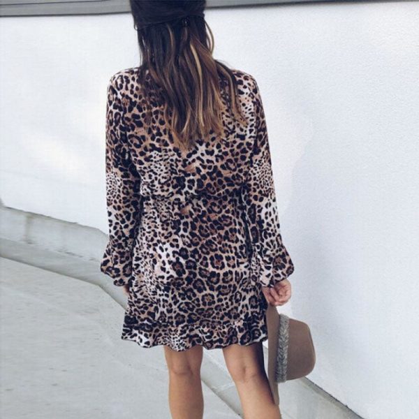 The Best Women's Boho Mini Dress Long Sleeve V Neck Fashion Snake Leopard Printed Ruffled Frill Party Beach Sundress Online - Takalr