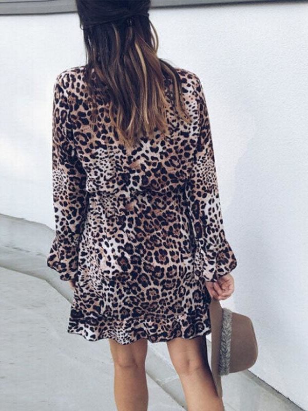 The Best Women's Boho Mini Dress Long Sleeve V Neck Fashion Snake Leopard Printed Ruffled Frill Party Beach Sundress Online - Takalr