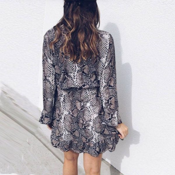 The Best Women's Boho Mini Dress Long Sleeve V Neck Fashion Snake Leopard Printed Ruffled Frill Party Beach Sundress Online - Takalr