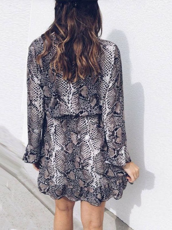 The Best Women's Boho Mini Dress Long Sleeve V Neck Fashion Snake Leopard Printed Ruffled Frill Party Beach Sundress Online - Takalr