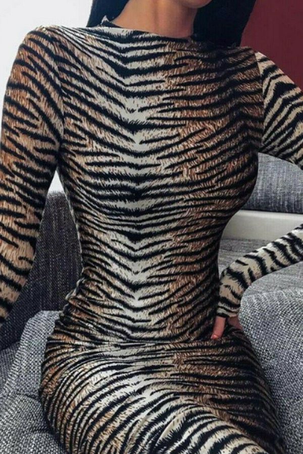 The Best Women's Boho Shirt Dress Long Sleeve Casual Evening Party Slim Fashion Tiger Stripes Bodycon Long Sleeve Dress Online - Takalr