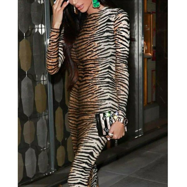 The Best Women's Boho Shirt Dress Long Sleeve Casual Evening Party Slim Fashion Tiger Stripes Bodycon Long Sleeve Dress Online - Takalr