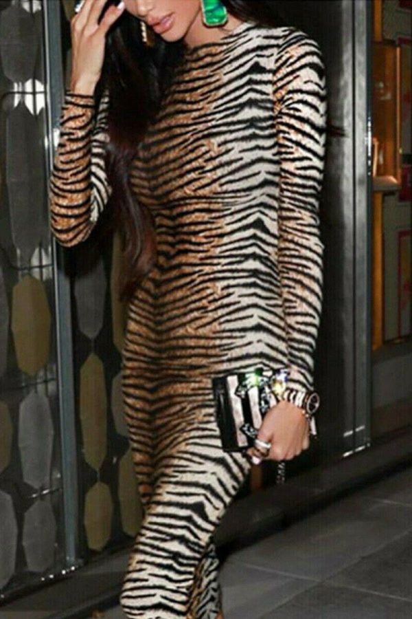 The Best Women's Boho Shirt Dress Long Sleeve Casual Evening Party Slim Fashion Tiger Stripes Bodycon Long Sleeve Dress Online - Takalr