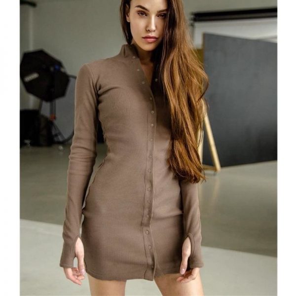 The Best Women's Button Knit Jumper Long Sleeve Mini Dress Ladies Casual Bodycon Autumn Winter Sweater Slim Fit Dresses Online - Takalr