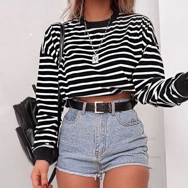 The Best Women's Casual Long Sleeve Pullover Jumper Fashion Ladies tripe Shirt Round Neck Blouse Holiday Loose Tops Sweatshirts Online - Takalr