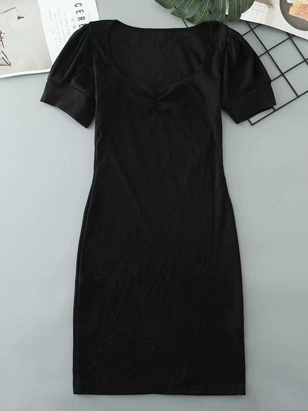 The Best Women's Casual Summer Short Sleeve Puff Sleeve Mini Dress Square Neck Online - Takalr