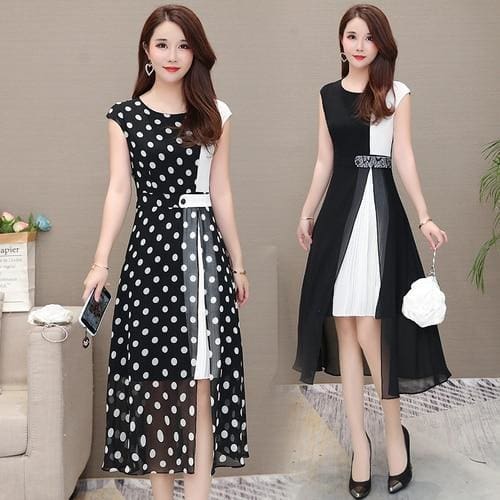 The Best Women's Chiffon Dress - Open Side Split Dot Ladies Plus Size Dress Online - Source Silk