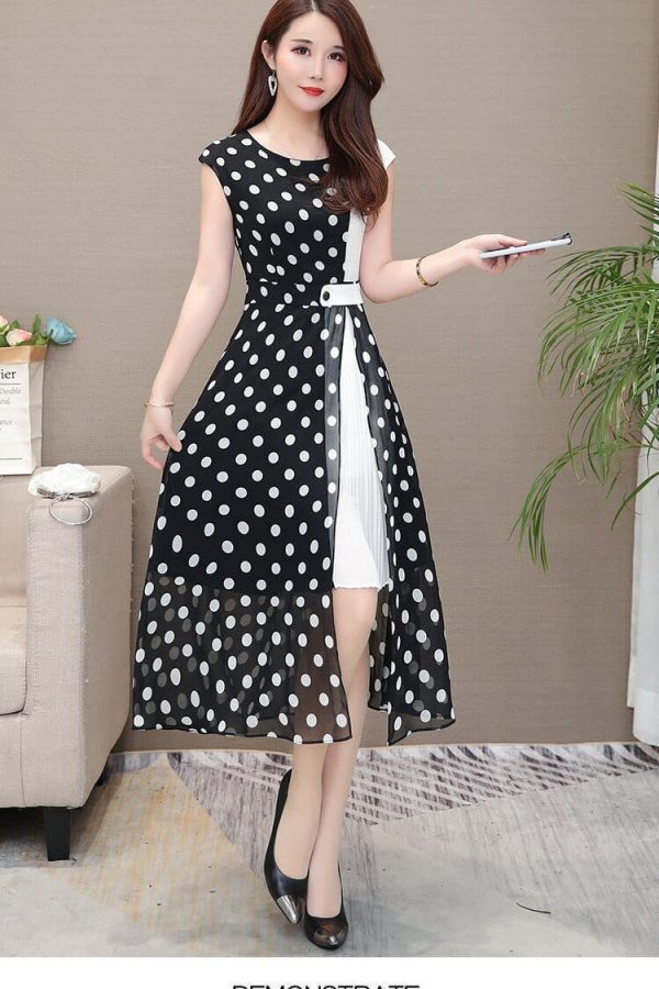 The Best Women's Chiffon Dress - Open Side Split Dot Ladies Plus Size Dress Online - Source Silk