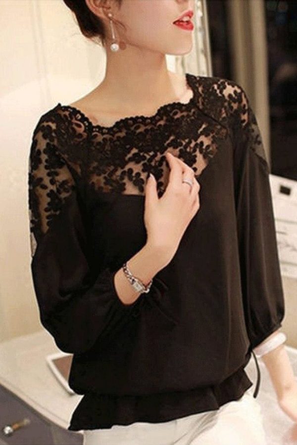 The Best Women's Chiffon Lace Blouse Ladies Casual Summer 3/4 Sleeve Loose Tops Solid Blouse Elegant Lady Office Tops Online - Takalr