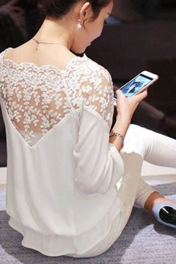 The Best Women's Chiffon Lace Blouse Ladies Casual Summer 3/4 Sleeve Loose Tops Solid Blouse Elegant Lady Office Tops Online - Takalr