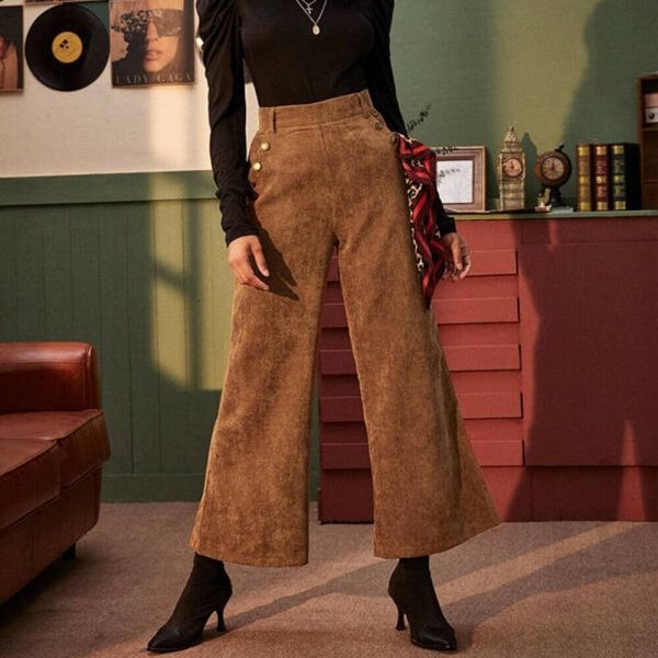 The Best Women's Corduroy Wide-Leg Trousers High Waist Straight Loose Casual Straight Long Bell-bottom Pants Online - Takalr