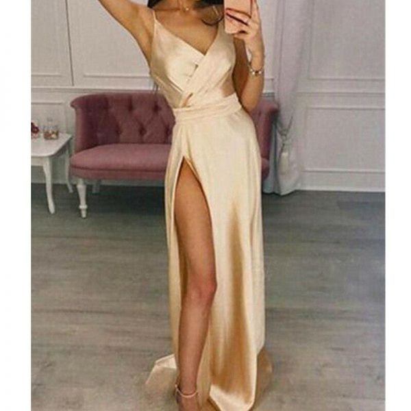 The Best Women's Elegant Plain Maxi Dress Strappy Backless High Waist V-Neck Bodycon Party Long Formal Dress Party Night Women Lot Online - Takalr