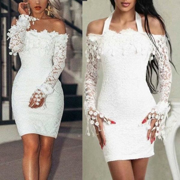 The Best Women's Elegant Sexy Lace Off Shoulder Floral Dress Special Occasion Bodycon Slim Dress Lady Casual Party Short Mini Dress Online - Takalr