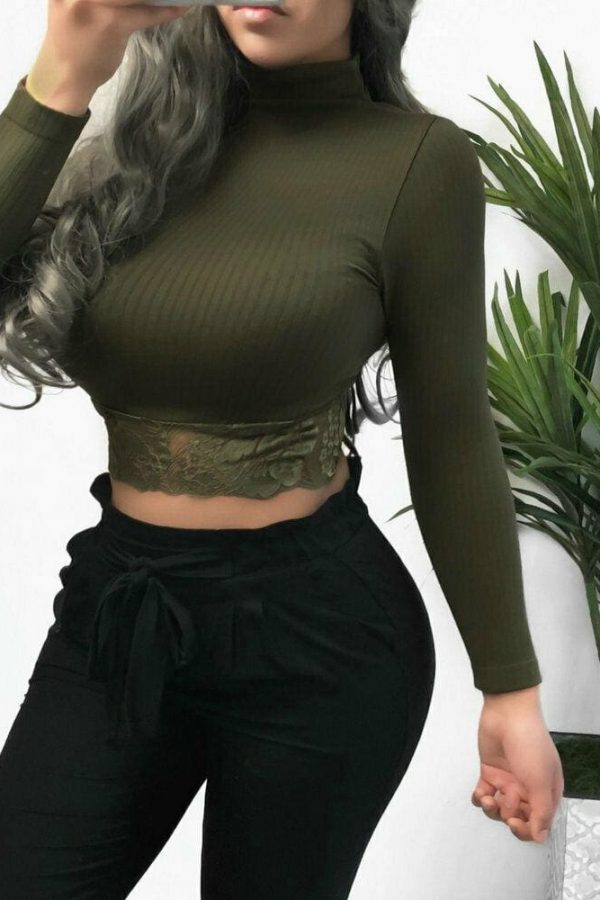 The Best Women's High Collar Lace Crop Tops T-Shirt Laies Stretch Casual Long Sleeve Knit Slim Fit Top Online - Takalr