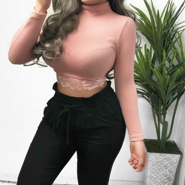 The Best Women's High Collar Lace Crop Tops T-Shirt Laies Stretch Casual Long Sleeve Knit Slim Fit Top Online - Takalr