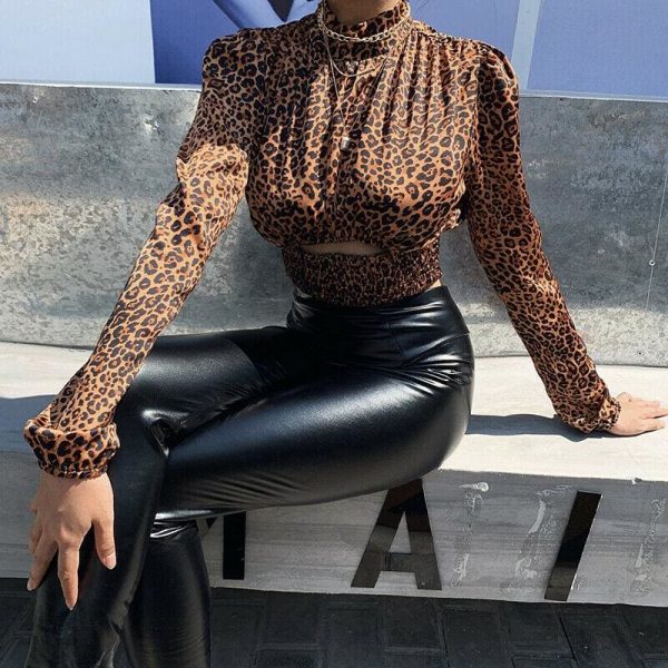 The Best Women's Leopard Long Sleeve Tops Shirt High Neck Slim Blouse Crop Tops Online - Takalr