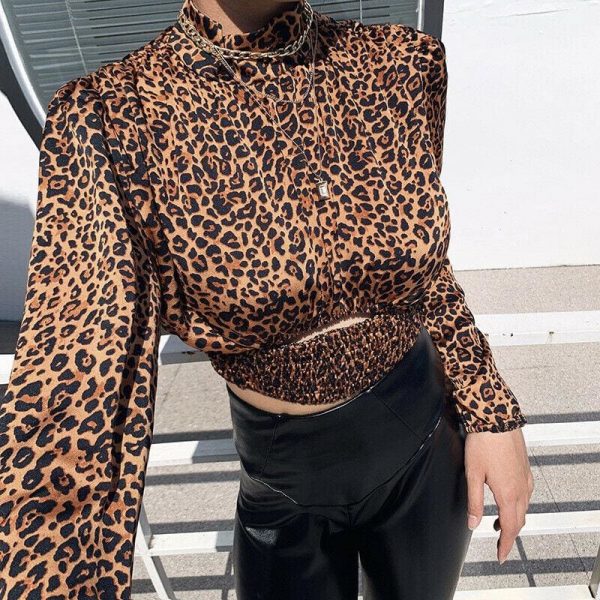 The Best Women's Leopard Long Sleeve Tops Shirt High Neck Slim Blouse Crop Tops Online - Takalr