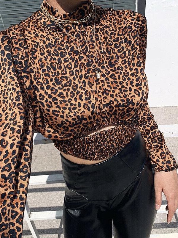 The Best Women's Leopard Long Sleeve Tops Shirt High Neck Slim Blouse Crop Tops Online - Takalr