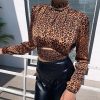 The Best Women's Leopard Long Sleeve Tops Shirt High Neck Slim Blouse Crop Tops Online - Takalr