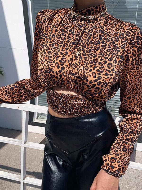 The Best Women's Leopard Long Sleeve Tops Shirt High Neck Slim Blouse Crop Tops Online - Takalr